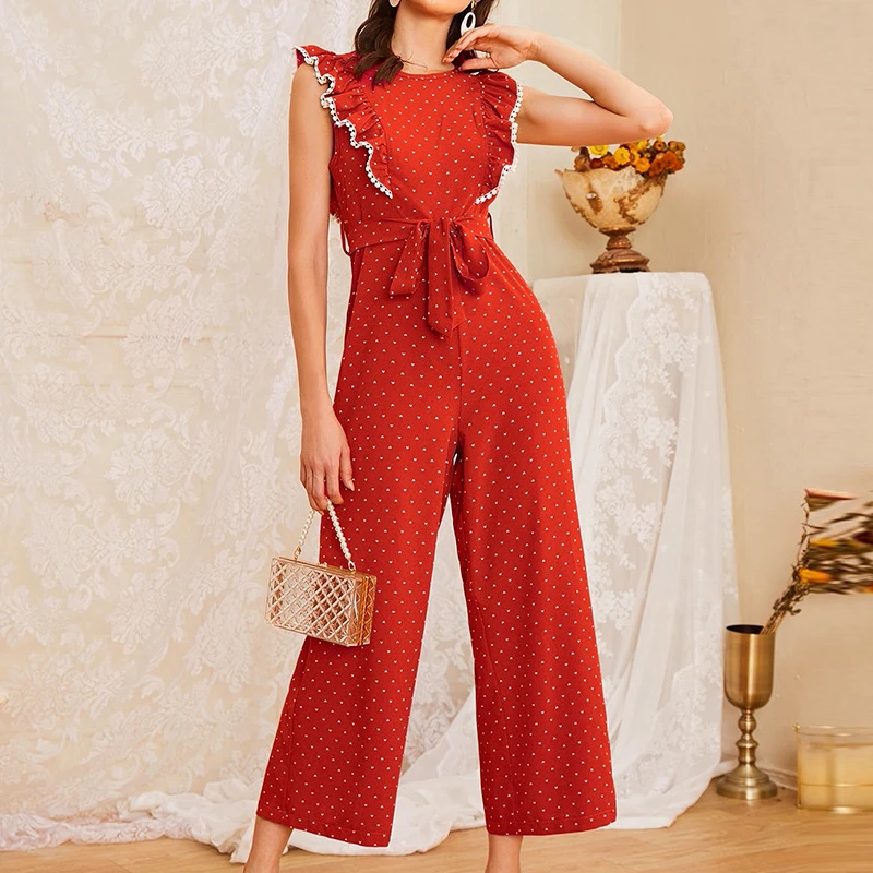 

Dot Agaric Edge Belt Chiffon Jumpsuit for Female, Casual Beach Style, Elegant Vocation Clothing, Spring, Summer, 2023