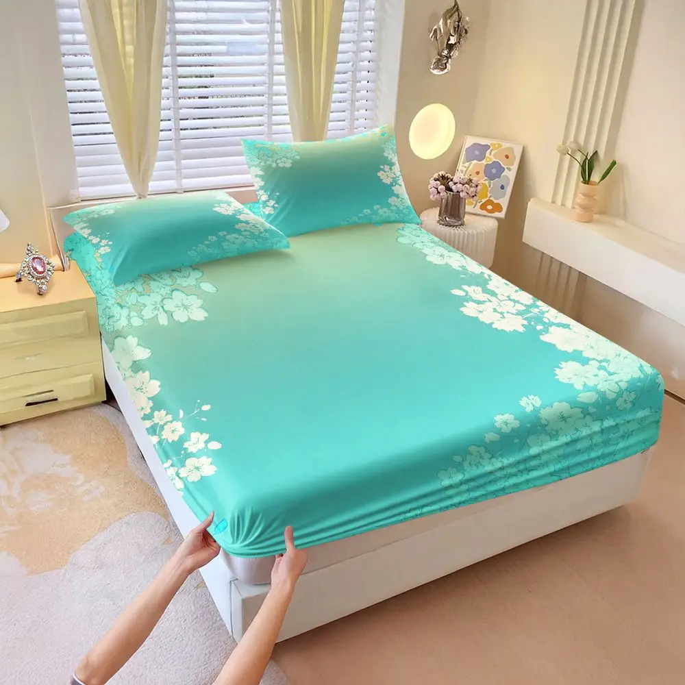 Gradient Cherry Blossom Print Fitted Sheet Set Bed Sheet Set Bedding Set No Fillers Ins Girly Apartment Bedroom Decor