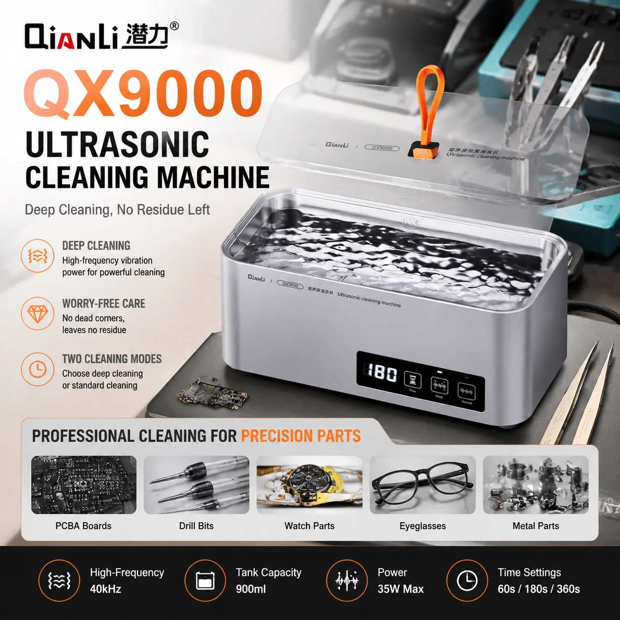 QIANLI QX9000 Ultrasonic Cleaner 35W Deep Normal 2 Modes with Timer for PCB Phone Motherboard Parts Glasses Cleaning Repair Tool