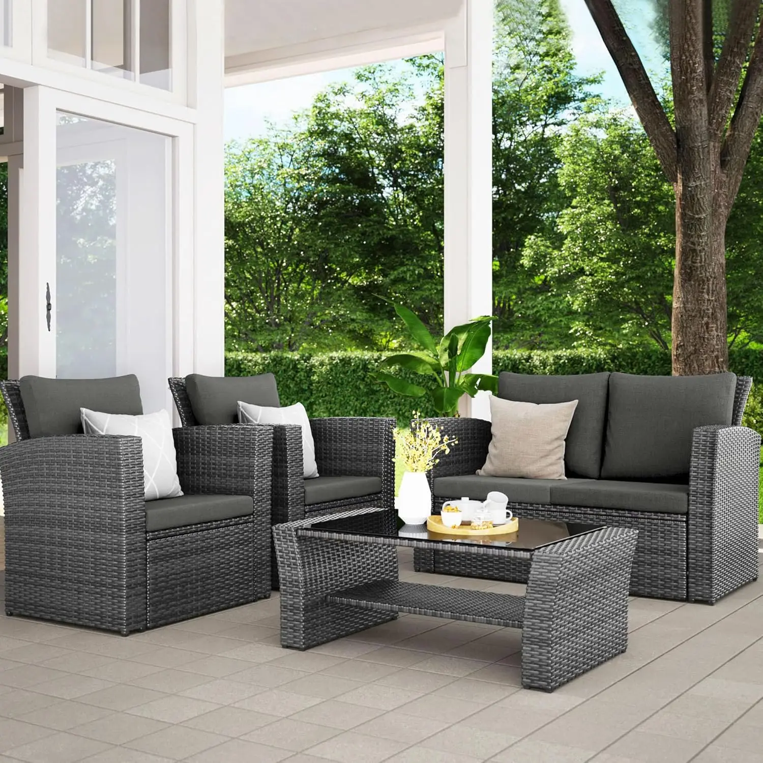 4 Piece Outdoor Patio Furniture Sets, Wicker Conversation Set for Porch Deck, Grey Rattan Sofa Chair with Cushion