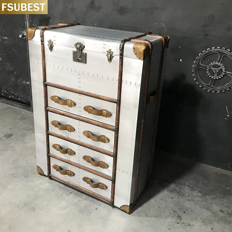 FSUBEST Industrial Style Aluminum Storage Side Cabinet American Vintage Leather Storage Box Living Room Sofa Retro Side Table