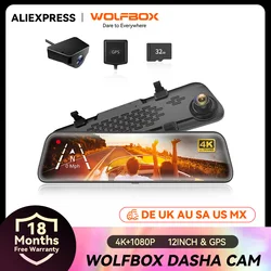 WOLFBOX GPS 비디오 녹음기 야간 투시경 HD 듀얼 카메라, 자동차 DVR 주차 모니터, 12 인치 IPS 대시 카메라, 4K 후방 대시 캠, G840S