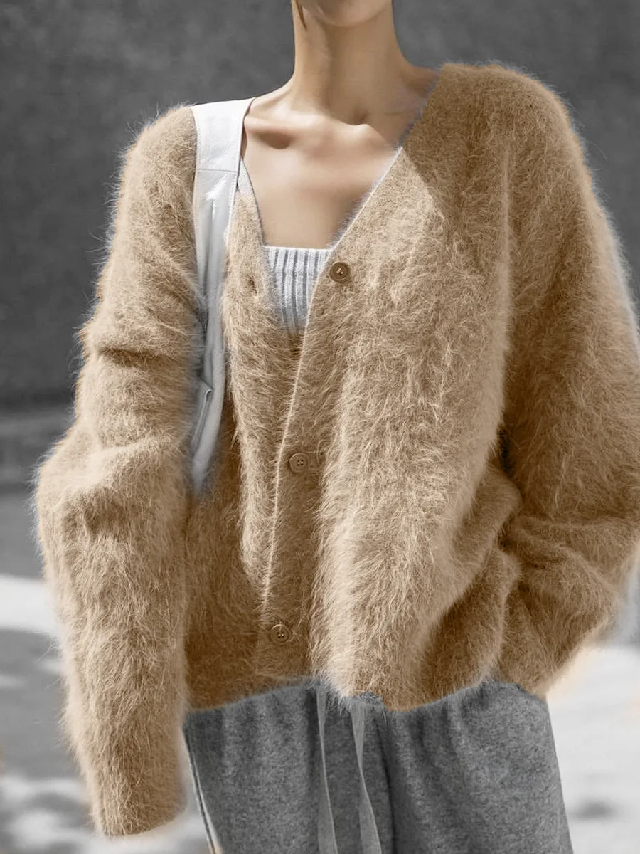 2026 Mink Fur Casual Knitwear Female V-neck Loose Ladies Knitted Top Sweater Jacket Autumn Winter Women Cardigan Sweater