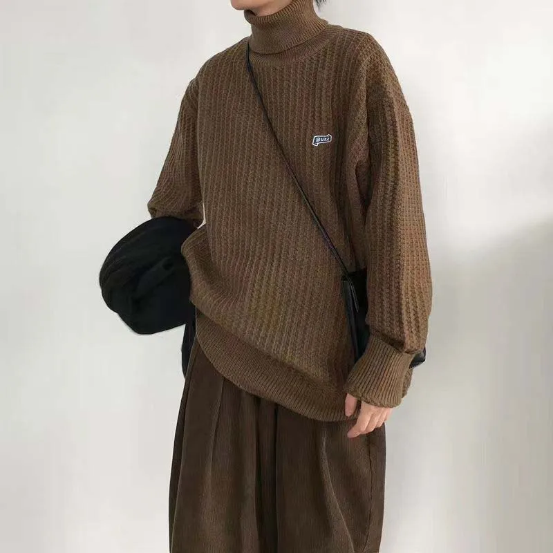 Teen Autumn And Winter New Japanese Vintage Caramel Color Turtleneck Sweater For Boys And Girls Warm Loose Base Knitwear