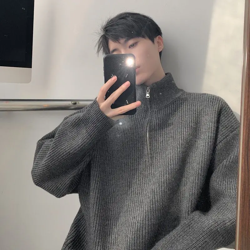 

Мужской вязаный кардиган на молнии с высоким воротником, осенний, модный, универсальный, в корейском стиле, теплый, с длинными рукавами