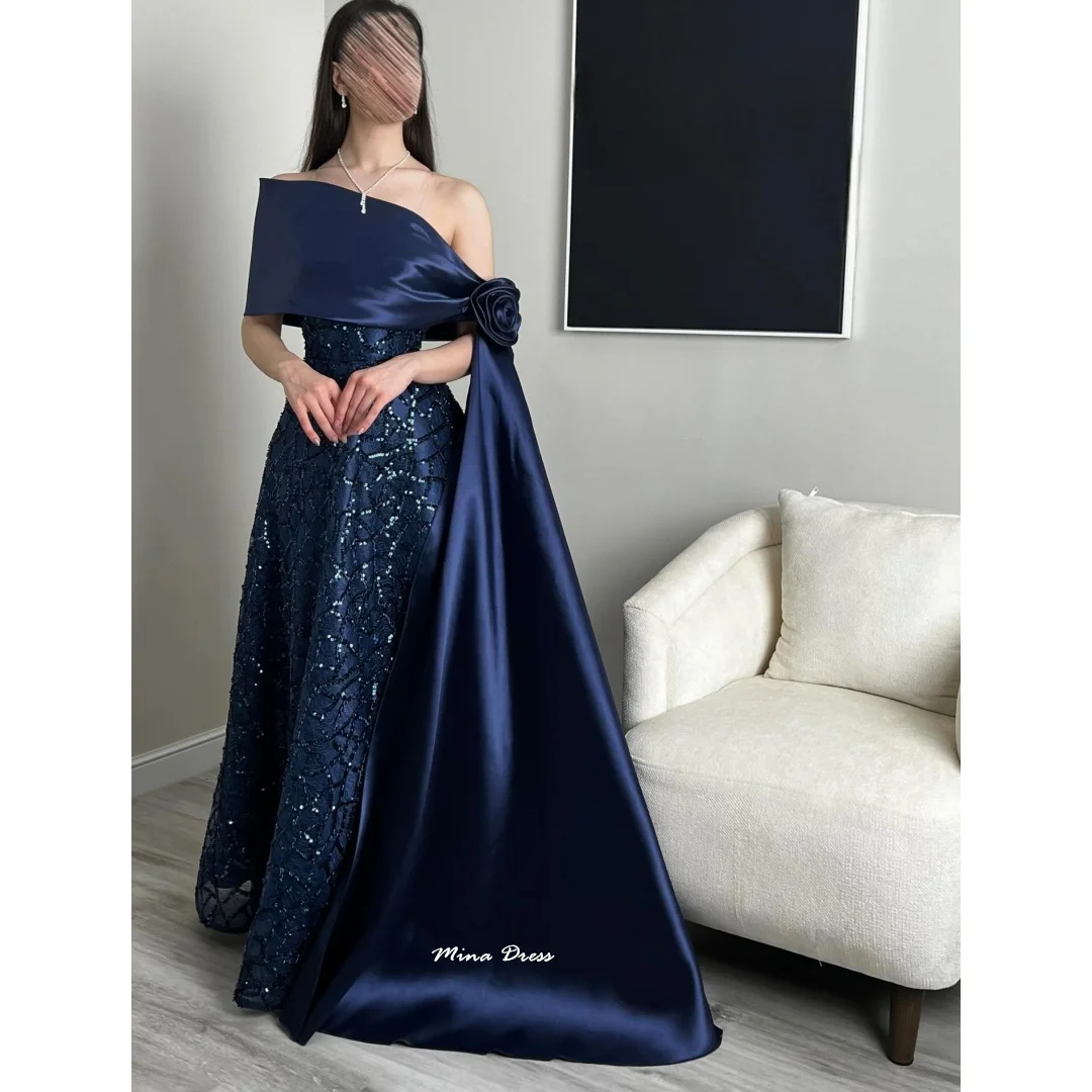

Mina Customized Navy Blue Luxurious Women's Evening Dresses for Formal Occasions Beads Flowers Sequins. Elegant Party Dress Prom