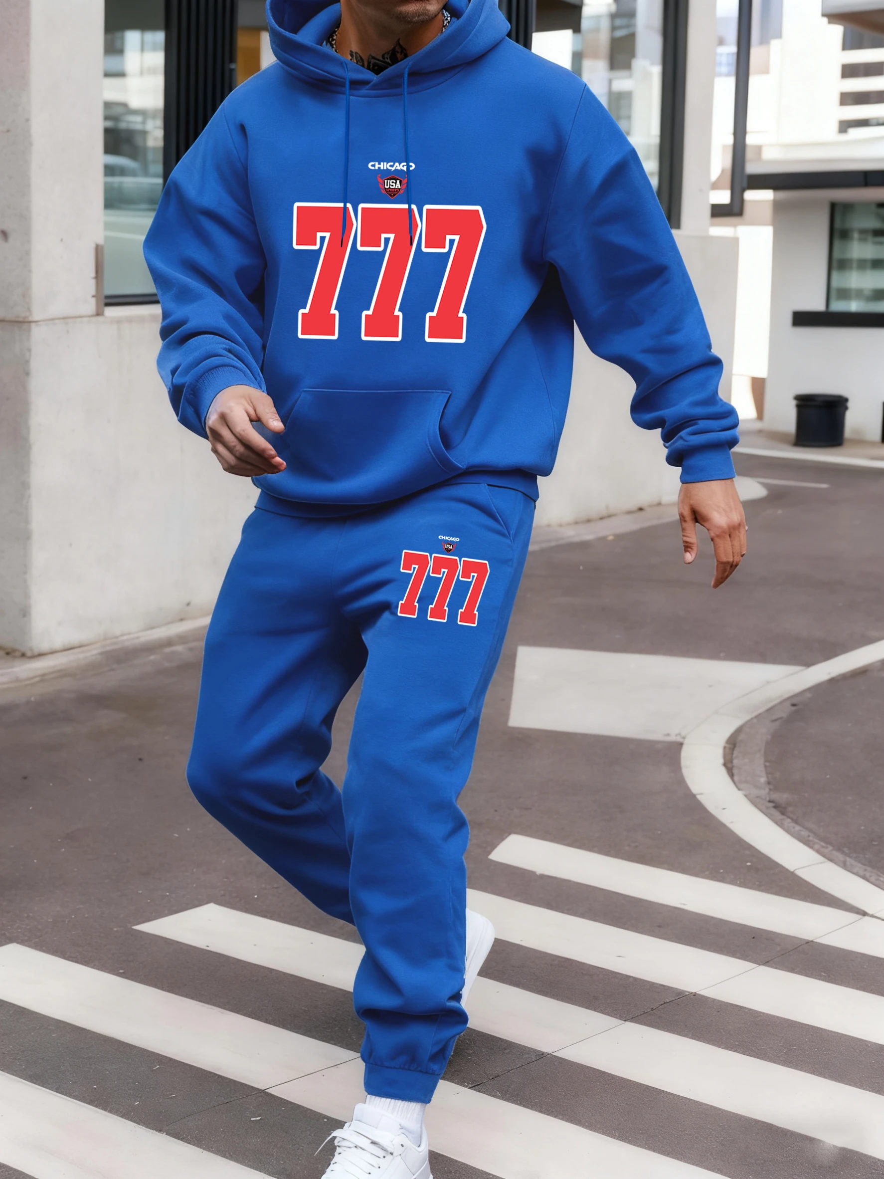 

Chicago Usa Number 777 Prints Hoodie Suit Man Autumn Fleece Sweatpants Sport Street 2 Piece Set Pocket Casual Men'S Sweatshirts
