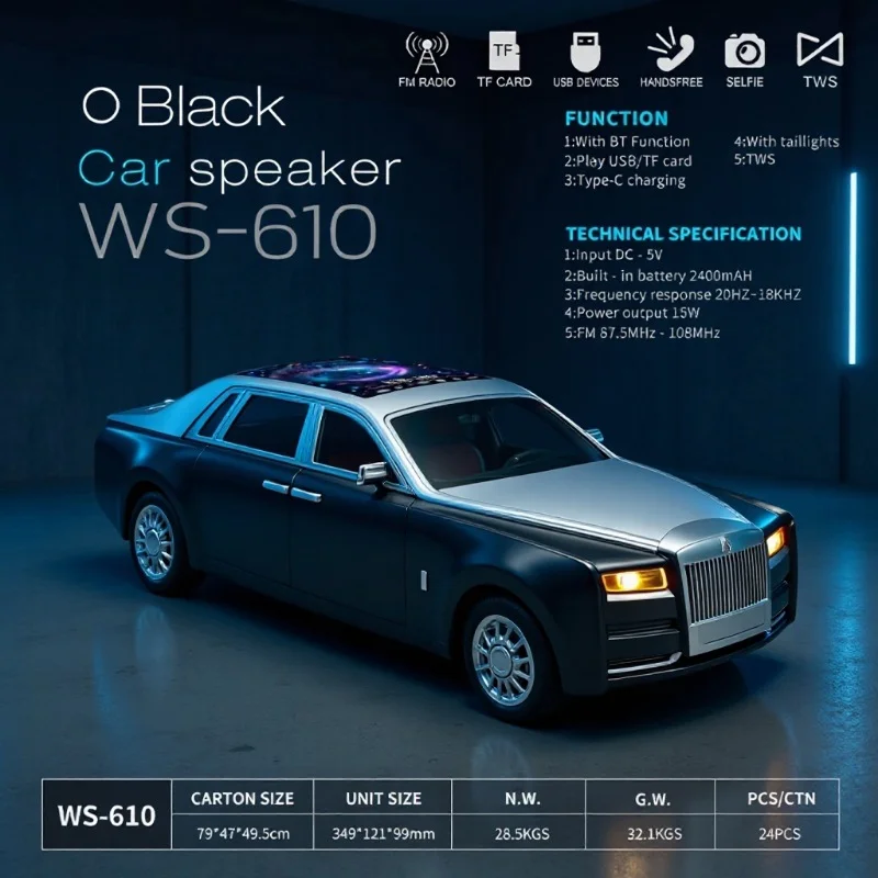 

НОВЫЙ WS-610 Classic Rolls Design 2400 мАч 15 Вт Открытый портативный мини Blue Tooth TWS Дизайн автомобиля Беспроводной RGB U Диск TF Светодиодный динамик