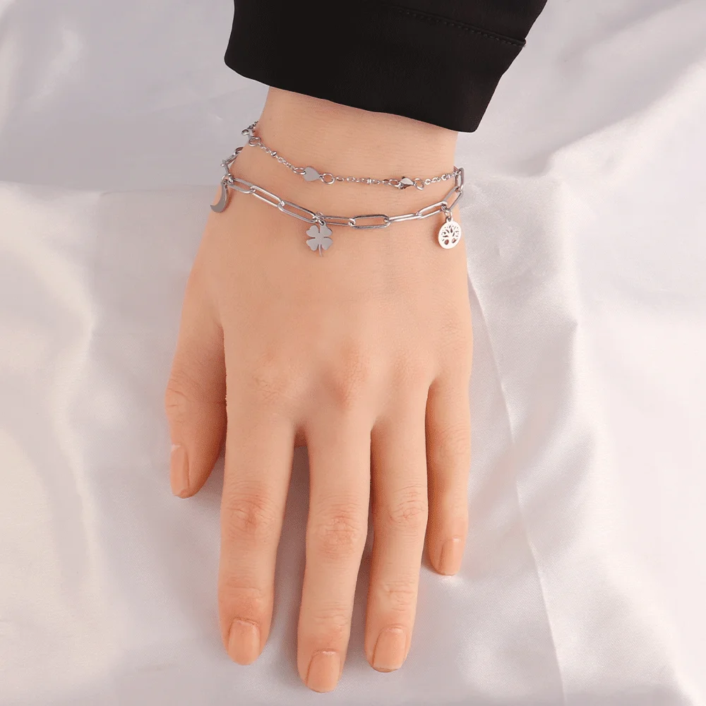 316L Stainless Steel Clover Bracelet For Women Bohemian Moon Double Layer Chain Bracelets Jewelry Gift