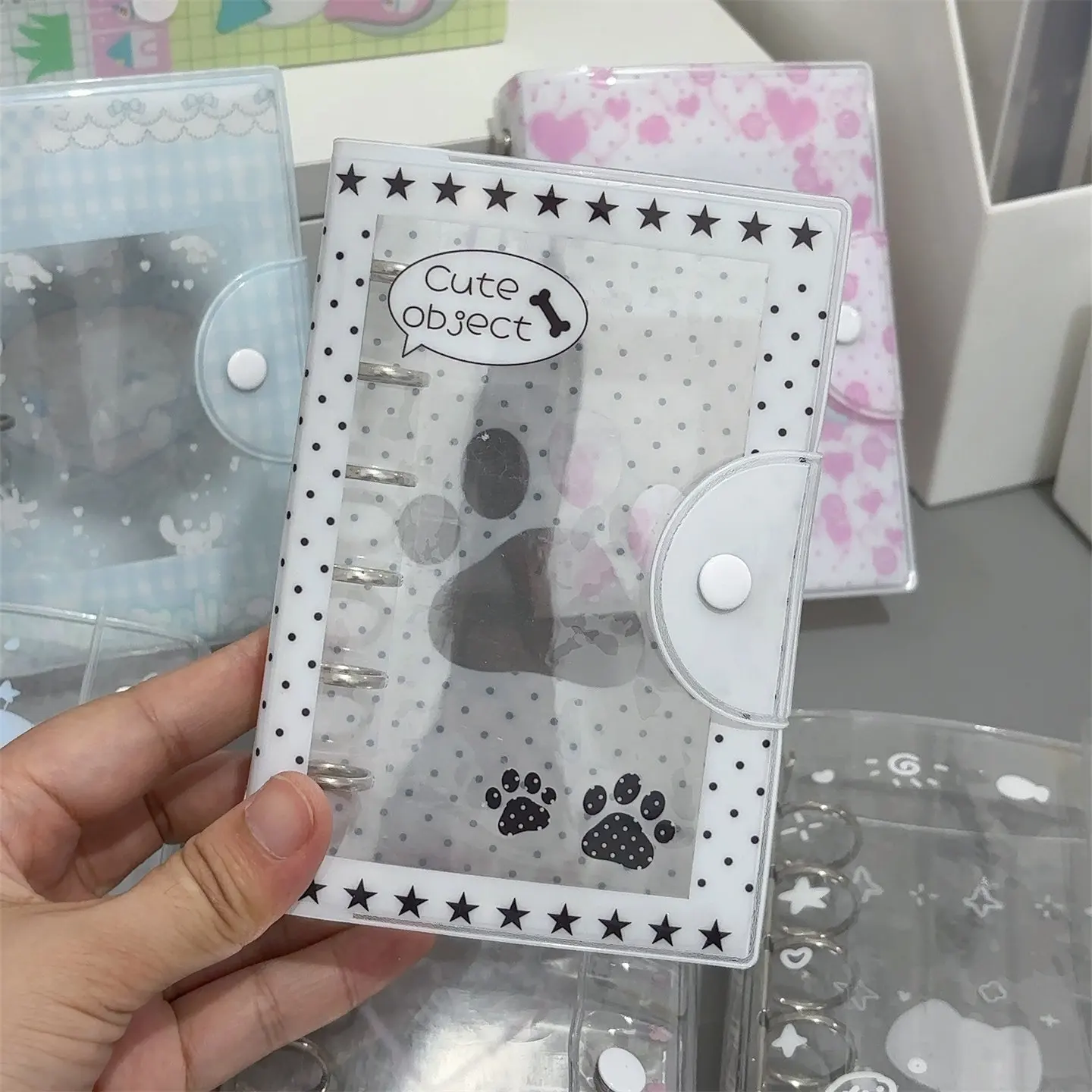 M5/A7 Hard PVC Shell Cute Cartoon Paw Print Snap Button Binder Cover –for Notebook Planner Diary, Ring Bound Journal Case