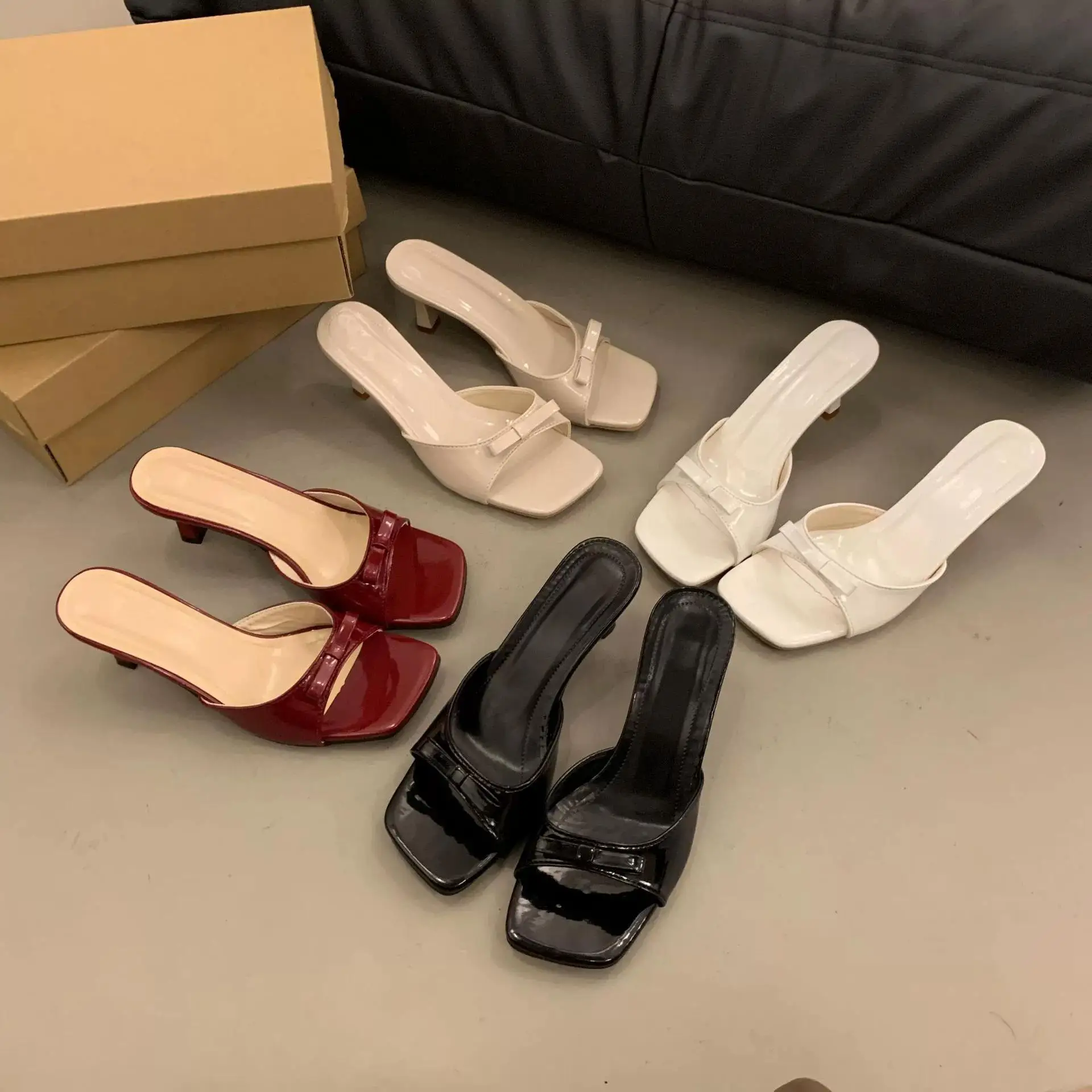 2026 New Women Shoes Square Toe High Heel Slippers Fashion Butterfly-knot Dress Summer Stripper Mules Slides Zapatos De Mujer
