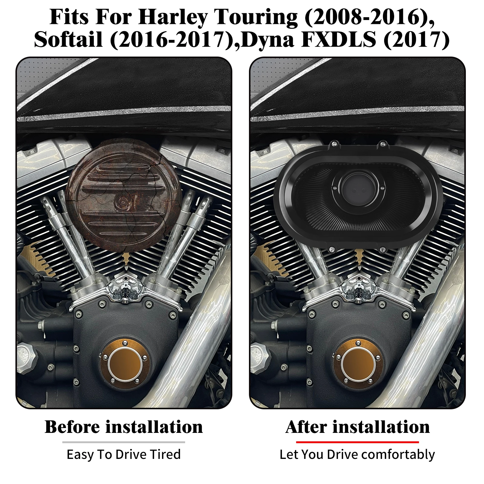 Motorcycle Air Filter Intake Cleaner With Rings For Harley Touring Street Road Electra Glide 2008-16 Softail 2016-2017 FXDLS 17