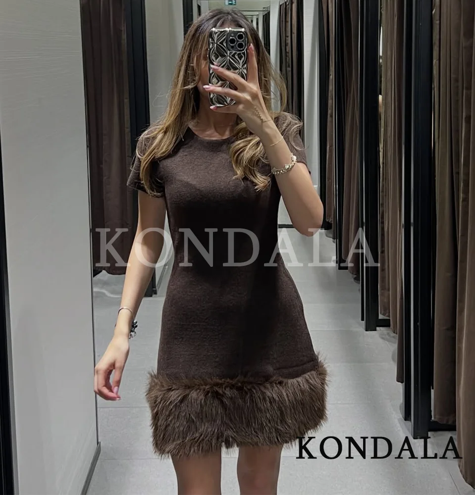KONDALA 秋ニットフェイクファー裾ショートドレス レディース エレガント半袖ドレス 2025 春秋ファッションパーティーショートドレス