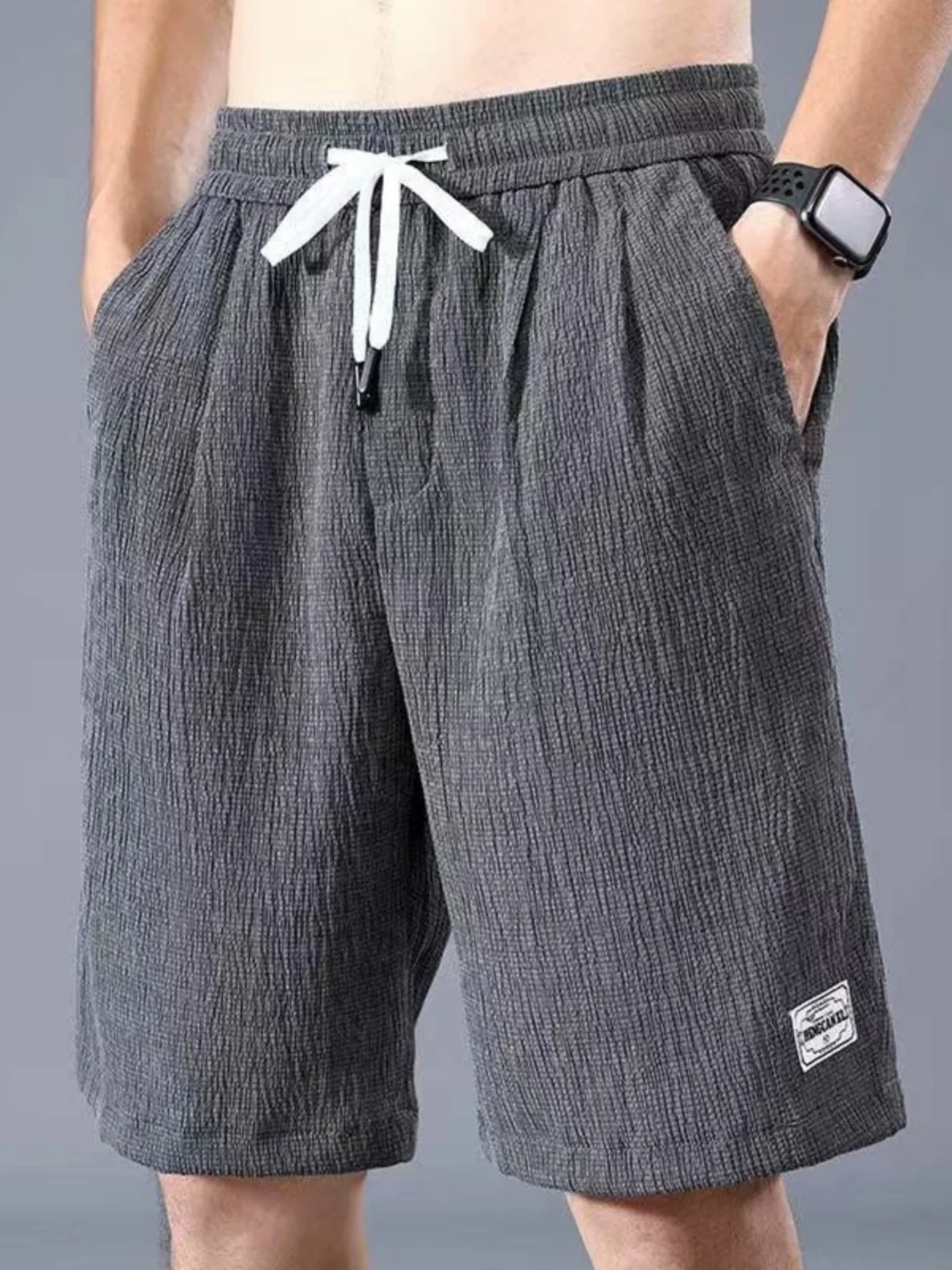 

Men's Summer Trendy Thin Ice Silk Casual Loose Sports Beach orts Qui Dry Five-Quarter Pants Straight Leg Pure Color