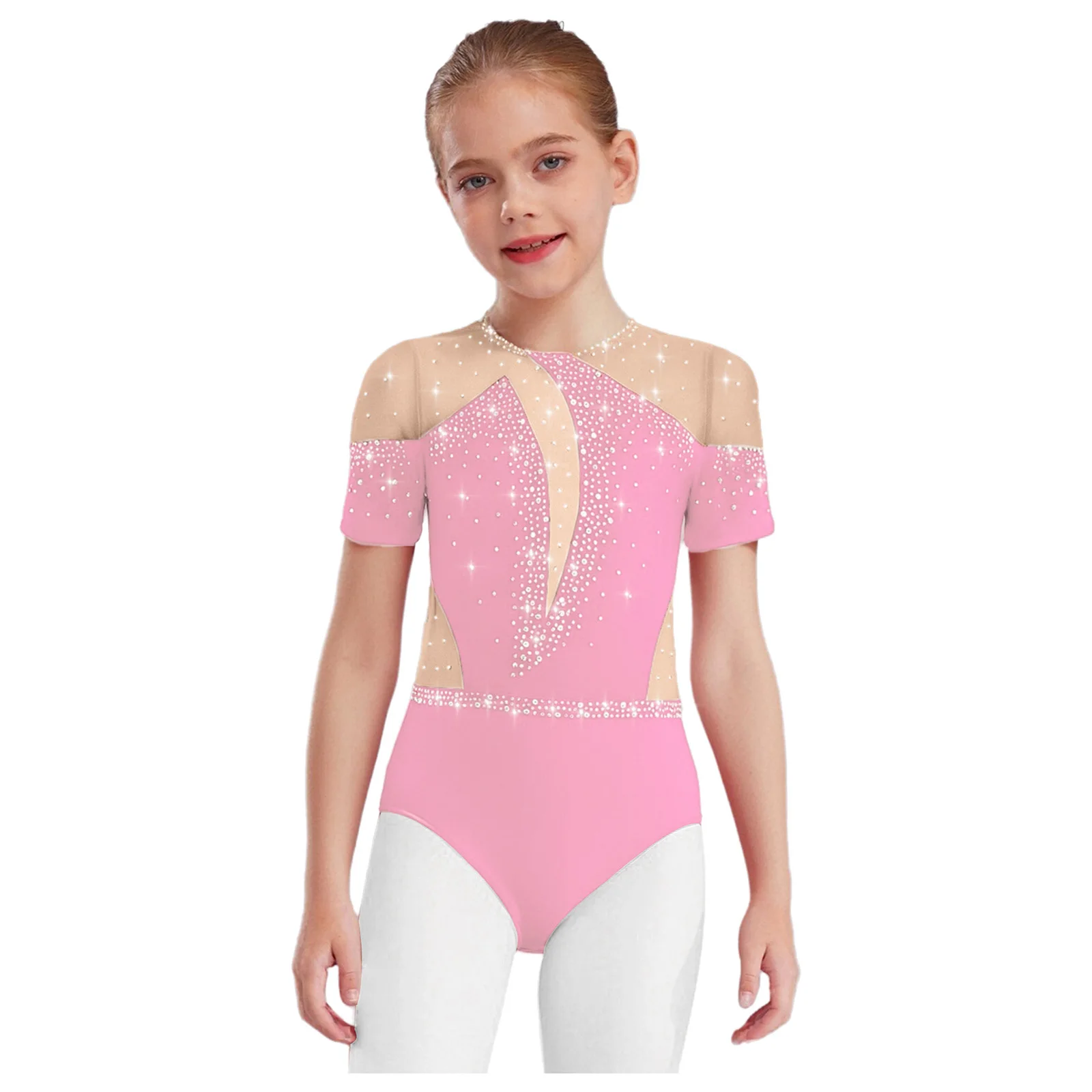 

Kids Girls Figure Skating Dance Leotard Short Sleeve Cutout Back Sheer Mesh Patchwork Rhinestones Gymnastics Ballet Bodysuit