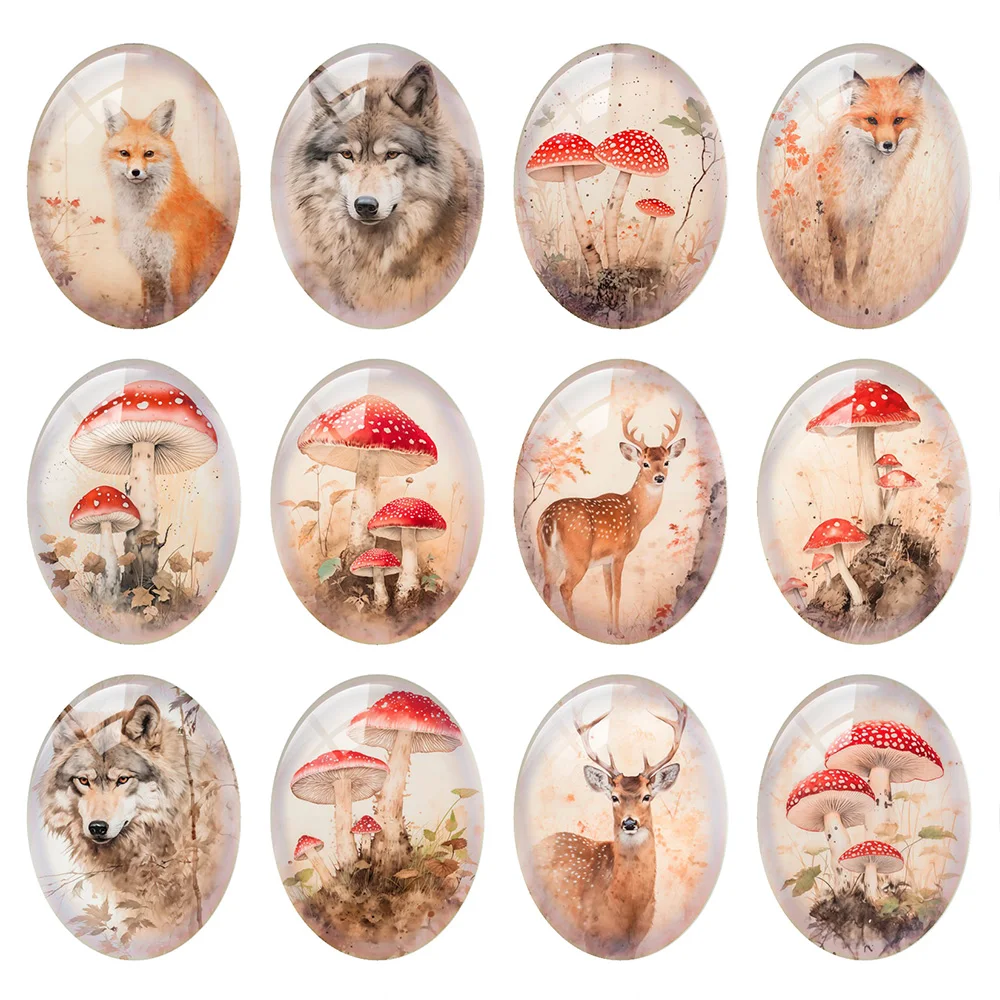 Random Mixed Round/Oval/Square Secret Forest Mushroom Fox Wolf Photo Glass Cabochon Flatback Demo Cameo For Diy Jewelry Making
