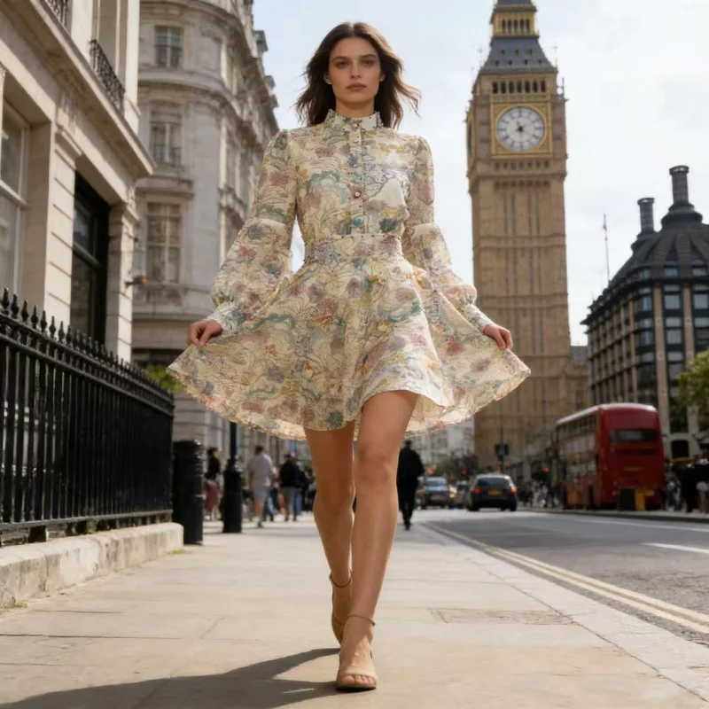 Ensemble jupe ort imprimée à col montant rétro, taille élastique, t-shirt Long Sve, ensemble de pièces, huit couleurs, matériel en velours de rue