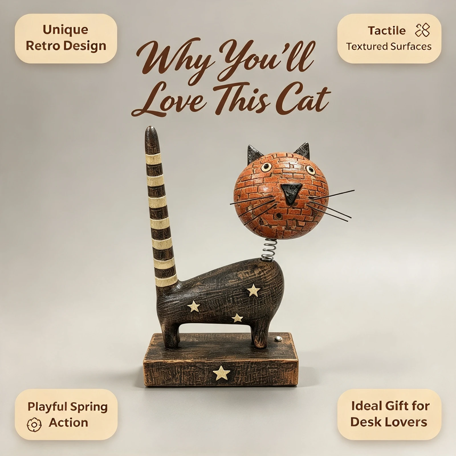 Vintage Primitive Wooden Cat Statue, Resin Bobblehead Spring Head Retro, Animal Figurine Home Office Table, Desktop Decor Gift
