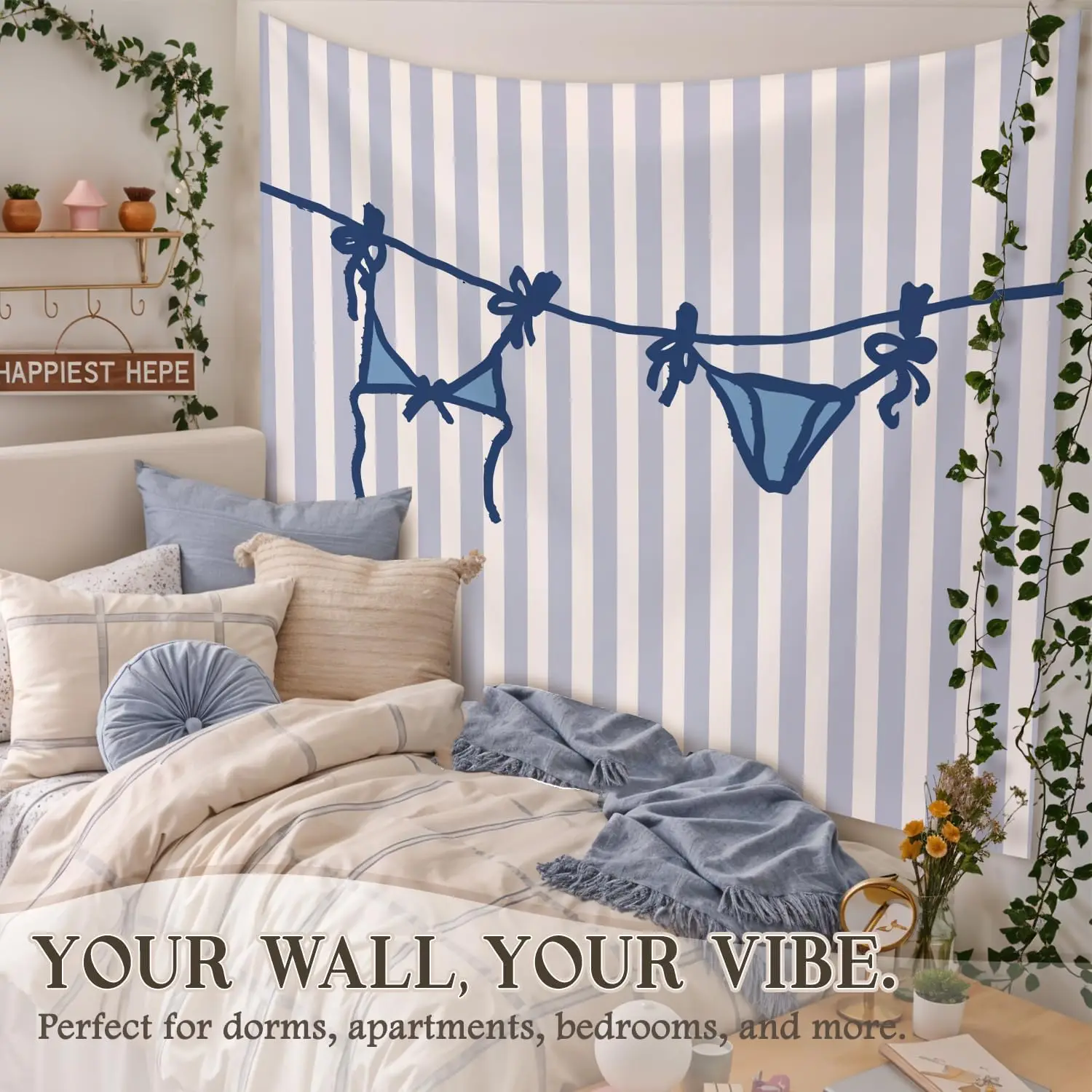 Striped Clothesline Underwear Tapestry Wall Hanging Polyester Funny Novelty Decor Banner for Dorm Bedroom Party Room