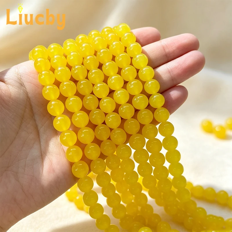 Natural Yellow Agate Smooth Round Beads Spacer Stones for DIY Bracelet Necklace Earring Handmade Jewelry Making Supplies 4‑12mm