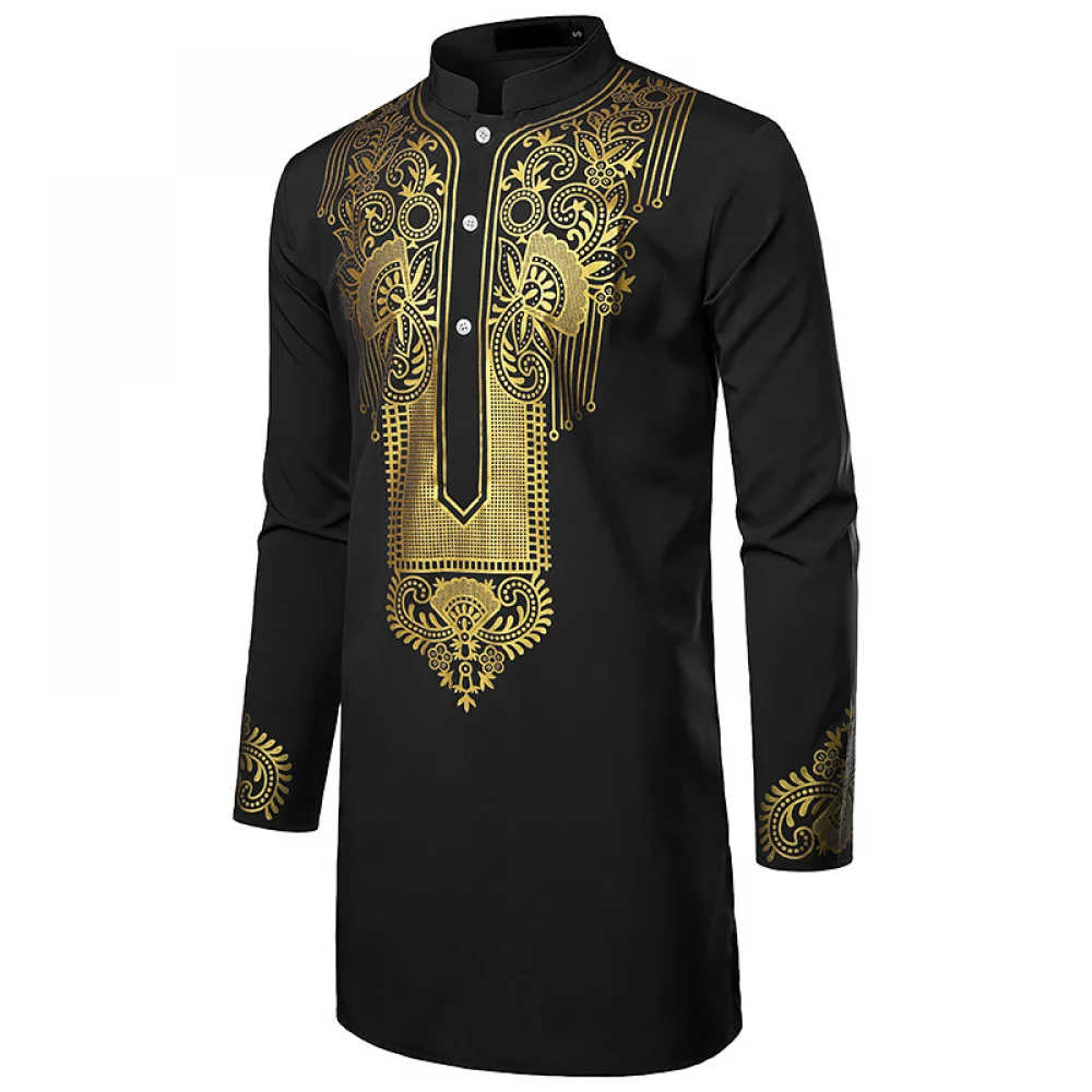 Disfraz de Cosplay étnico africano para hombre, camisa de manga corta con botón negro, blanco y azul, Top Dashiki con estampado dorado metálico