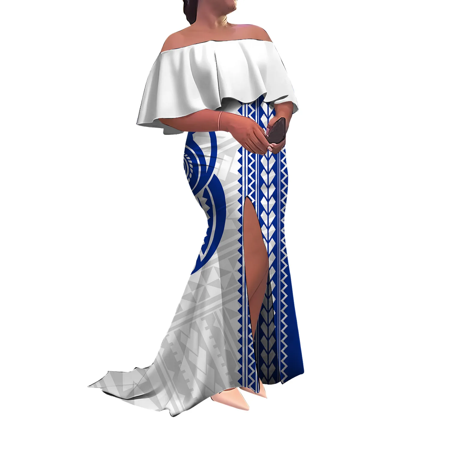 فستان نسائي بولينيزي طويل مصنوع حسب الطلب بطول الأرض فستان سهرة بكتف واحد بدون أكمام بفتحة ضيقة فستان ذيل السمكة #5