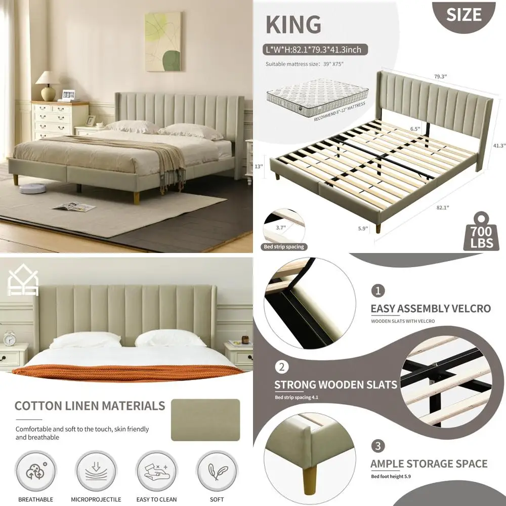 

Modern Geometric Double-Wing Upholstered Platform Bed Frame - King Size Linen Fabric Bed with Easy Assembly