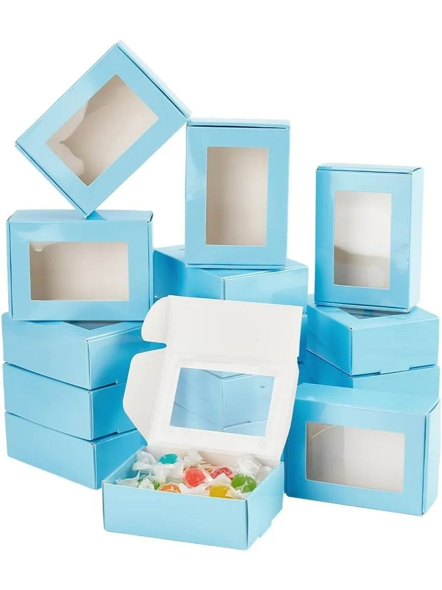 20pcs Blue Cookie Box with Window 3.4x2.4x1.2 Inch Treat Kraft Paper Treat  Pastry  Donut  Individual