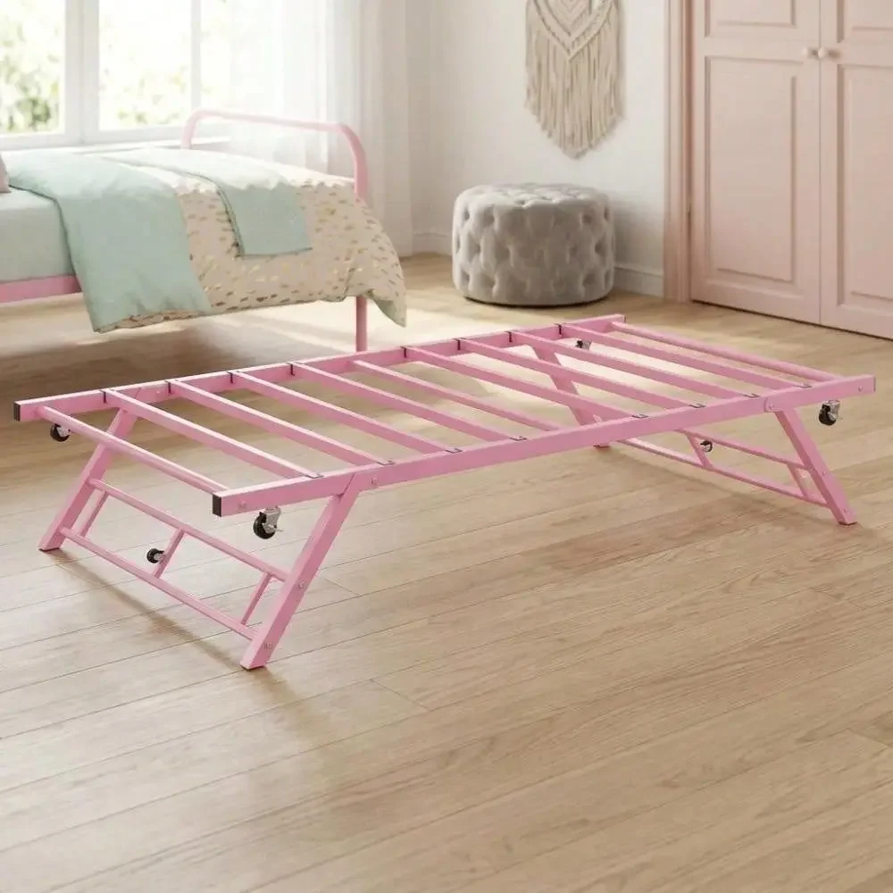 Metal StandUp Trundle Bed Frame PopUp, RollOut Design With Lockable Casters, Strong Steel Slats, Easy Assembly For Kids Guests