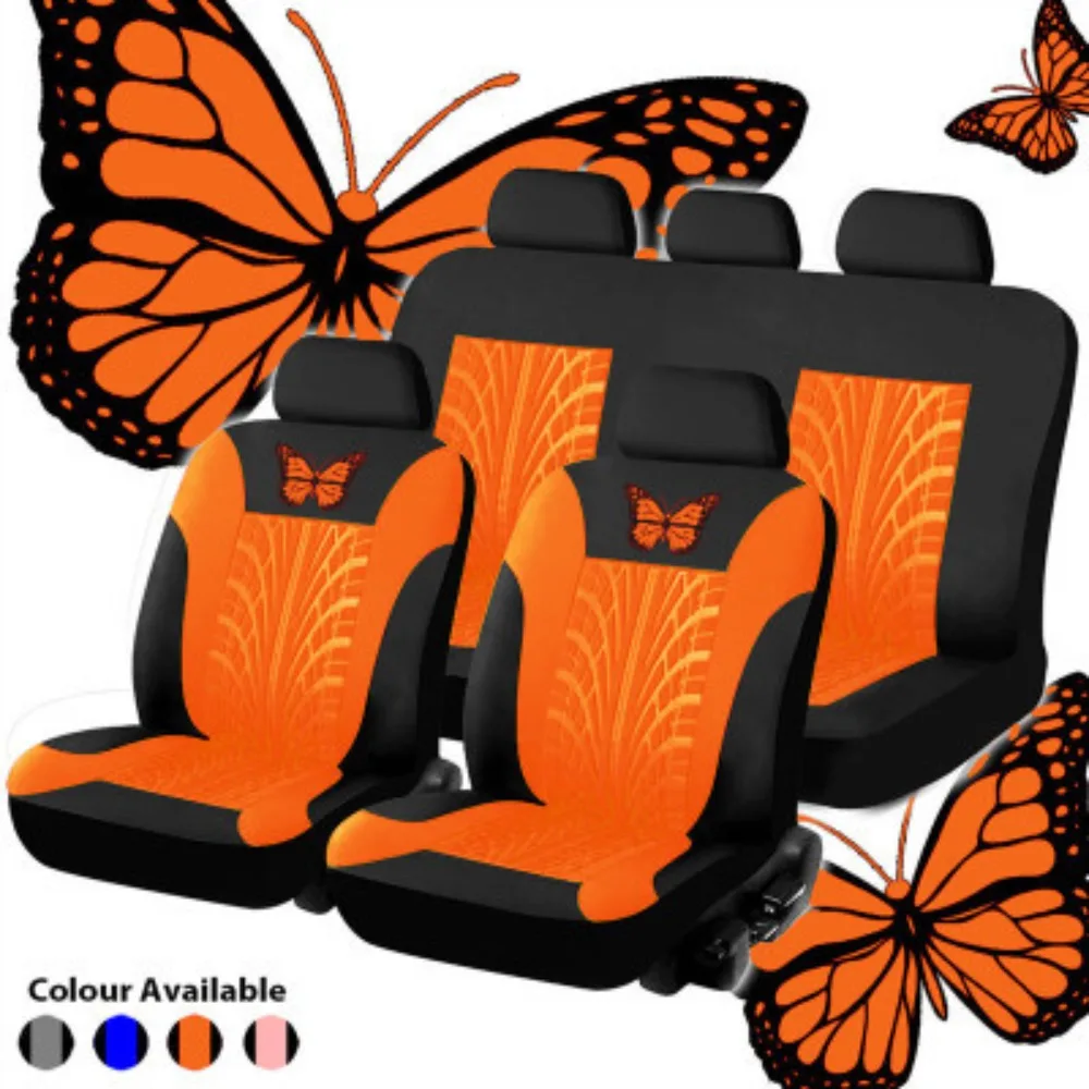 9Pcs Beautiful Butterfly Tire Pattern Embossed Car Seat Covers Universal Auto Seat Protector Full Set for Most Vehicles