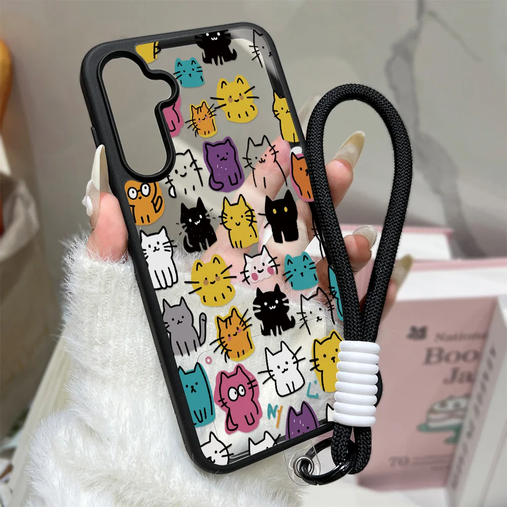 Cute Kitten Phone Case For Samsung S26 Ultra A57 A16 A56 A17 A07 A37 A55 A54 A36 A26 A35 S25 S24 S23 Lanyard Matte Clear Cover