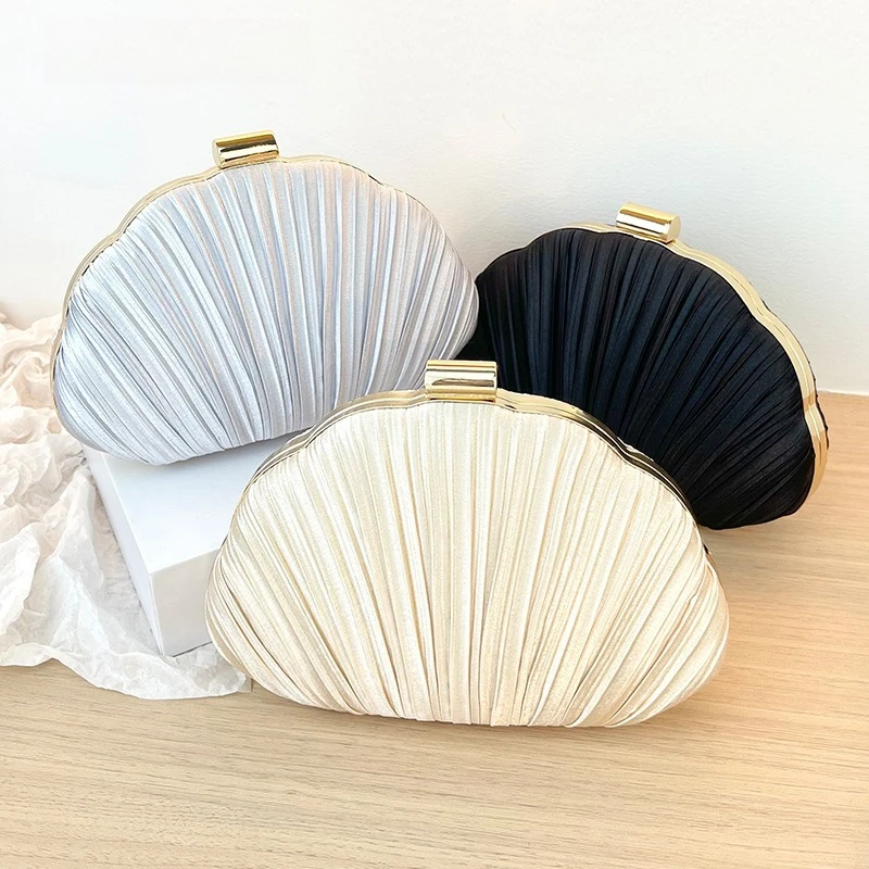 

Minimalist Champagne Pleated Shell Clutch, Chic Evening Crossbody Purse with Gold Chain for Women Wedding Formal Shoulder Bags