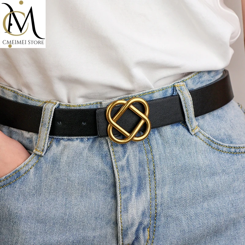 Genuine Leather Belt for Women Flower Shaped Buckle Decorative Belts for Dress Sweater Coat Suit Jeans