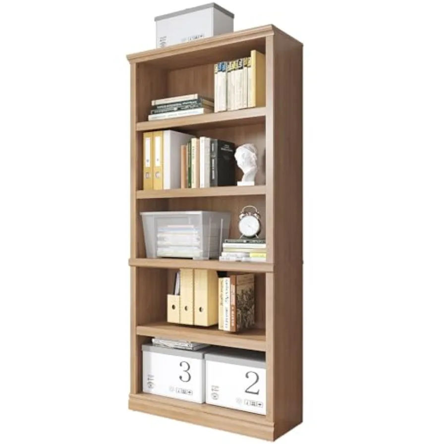 70 in Tall White Oak Bookcase 5-Tier Open Shelf Storage Floor Standing Bookshelf for Home School Library Office Bedroom Indoor