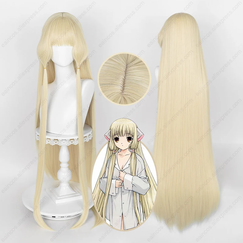 Anime Chobits Chi Cosplay Pruik Chii 120Cm Lange Rechte Melk Gouden Pruiken Hittebestendig Synthetisch Haar