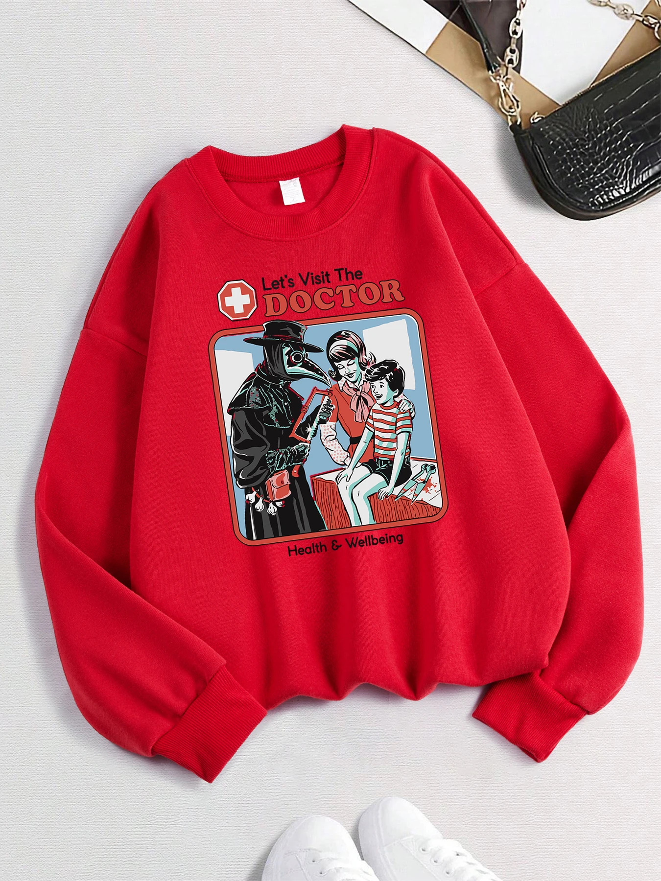 The Treating Doctor Print Pullover Damen Vintage Langarm Hoodie Herbst Winter Basic Sweatshirts Fleece Modekleidung