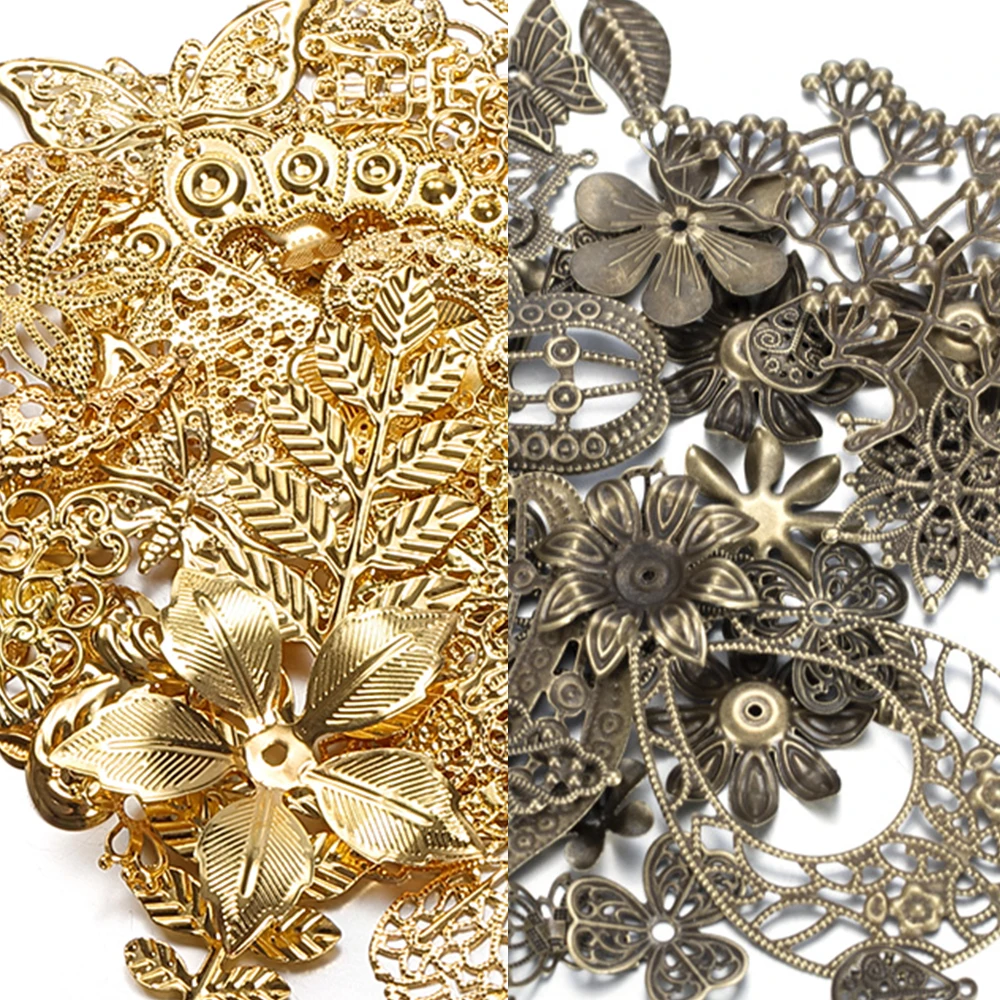 50g Mixed Metal Flower Leaf Hollow Connector Pendant Bead Hat for DIY Round Fan Antique Style Hair Accessories and Clothing