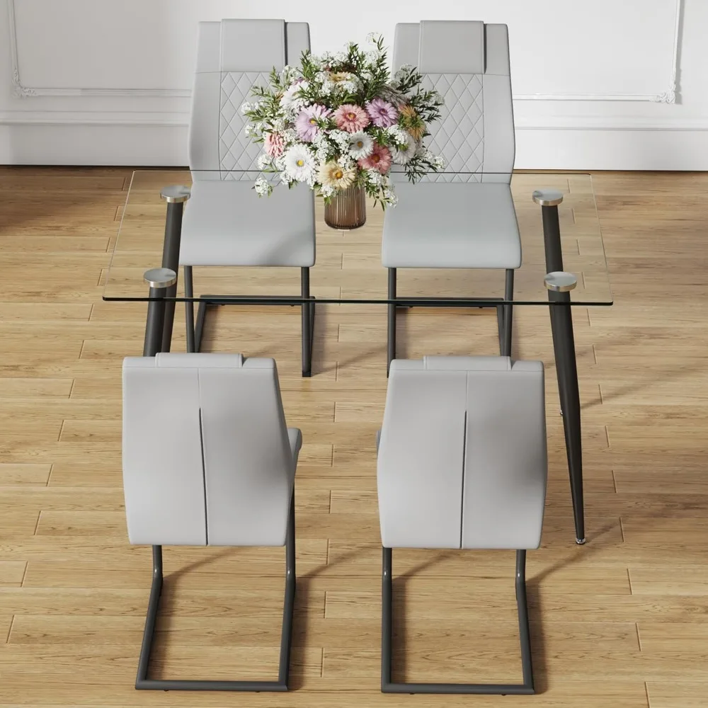 Juego de mesa de comedor de cristal para 4 personas, adecuado para 4 personas, juego de restaurante con mesa de vidrio templado transparente