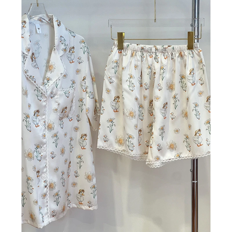 Cute Cartoon Duck Print Home Clothes 2PCS Pijama Spring Summer New Pijama Mujer Loungewear Shirt Pants Lady Loungewear 3