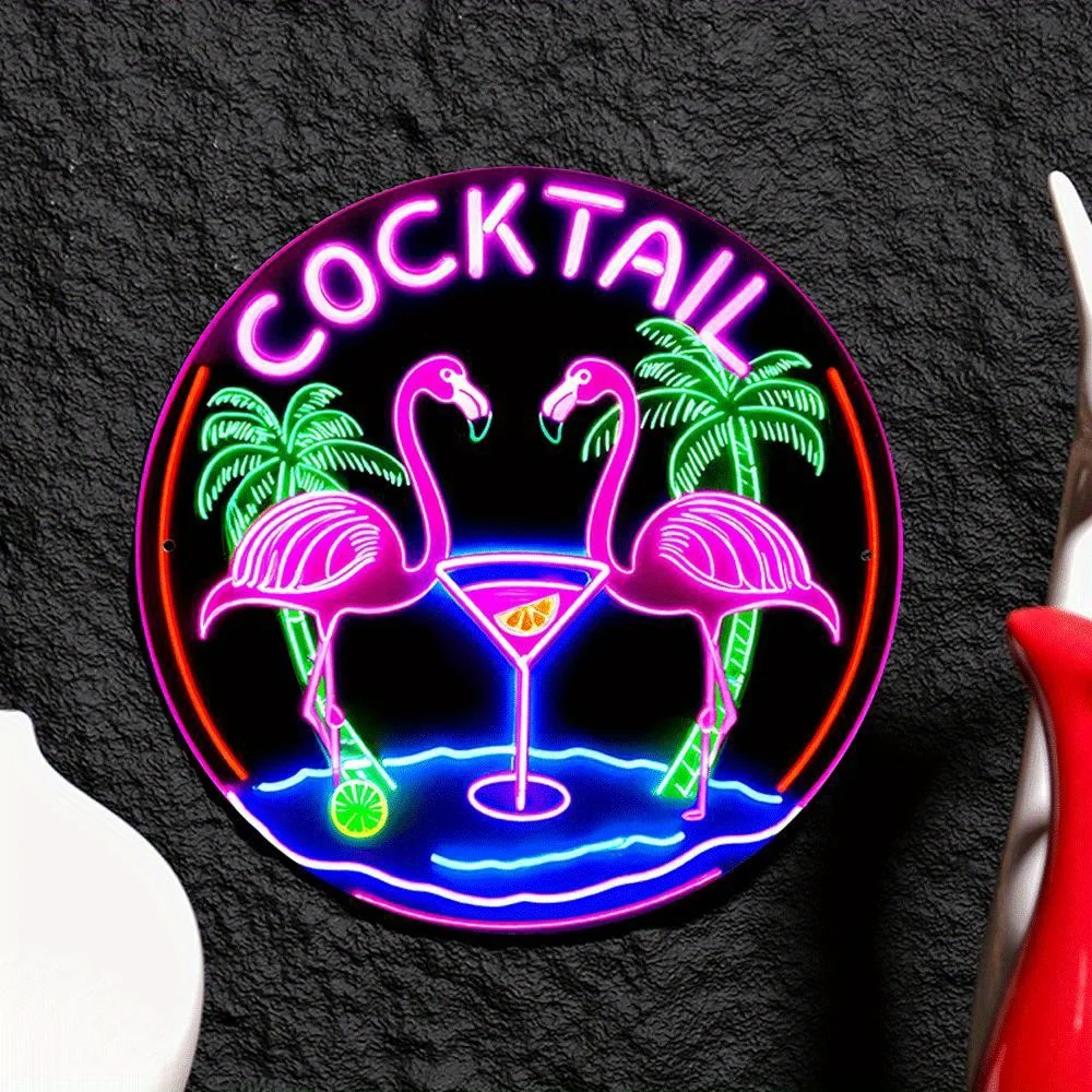 2D Flat - A Round Metal Sign Measuring 19.81Cm Featuring a Retro Design with The Word 'Cocktail' Alongside Flamingos And Palm Tr