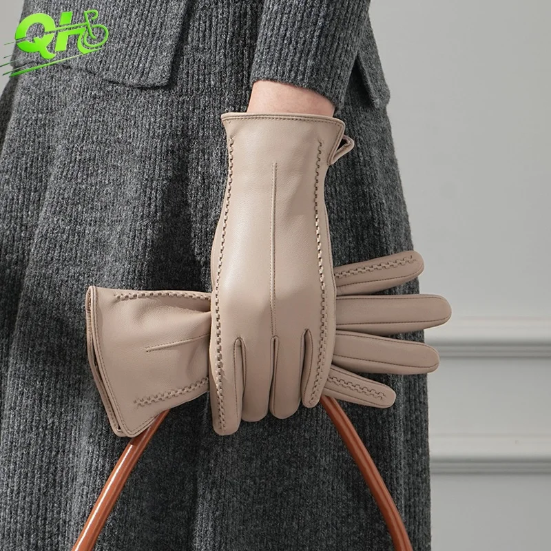 

Перчатки из натуральной кожи для езды на велосипеде, вождения мотоцикла, женские бархатные перчатки из овчины с сенсорным экраном, ветрозащитные уличные теплые элегантные перчатки