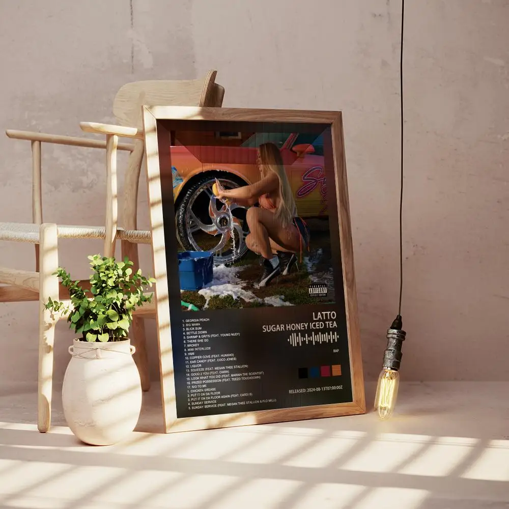 Póster de té helado de miel y azúcar Latto, cubierta de álbum de música de rapero Pop, estampado estético de Hip Hop Rock, arte de pared, decoración de habitación, regalo