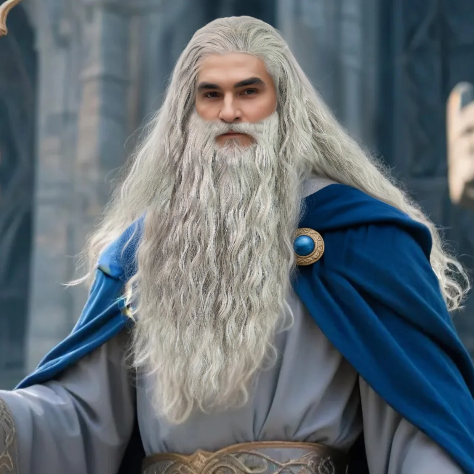 

Synthetic Grey Wig Paired With Long Beard Wave Shaped wizard Cosplay Wig, For Film And Television Cosplay Men Dress Up Wig