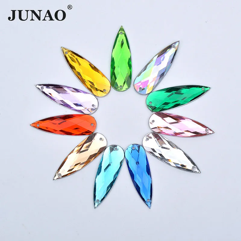 JUNAO 20Pcs 10*30mm Large Mix Color Sewing Teardrop Crystals Flatback Acrylic Rhinestone Loose Stones For Clothes Needlework