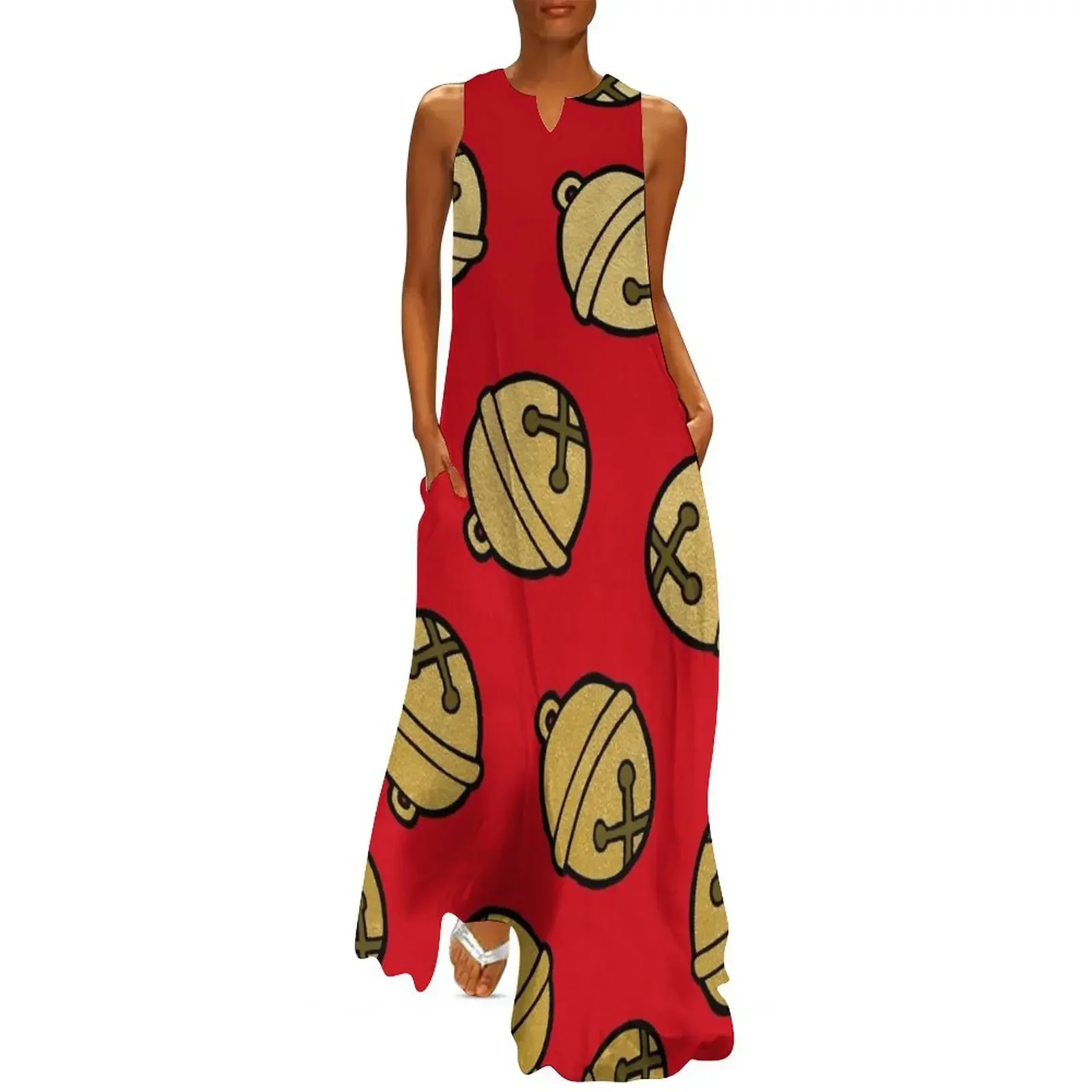 

Jingle Bells Christmas Pattern in Gold and Red Long Dress womans clothing summer dress daily Women's dresses Bride dresses Dress