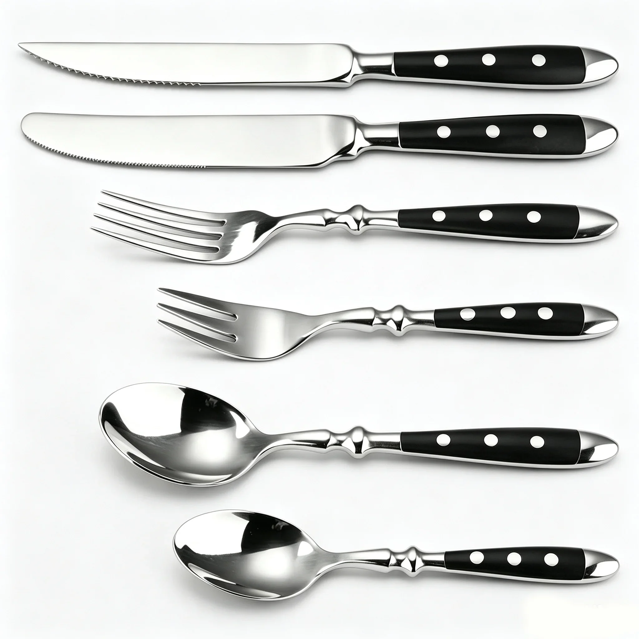 Premium Stainless Steel Flatware Silverware Set, 6Pcs Black Handle Riveted Heavy Duty, Food Grade Knife Fork Spoon for Dinner