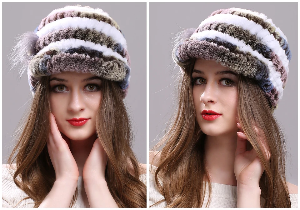 Winter Pelz Hüte für Frauen Rex Kaninchen Fell Elastische Gestrickte Hut mit Blume Pelz Hut Großhandel Baseball Kappe Weibliche Echtpelz Bonnets – Detail 9