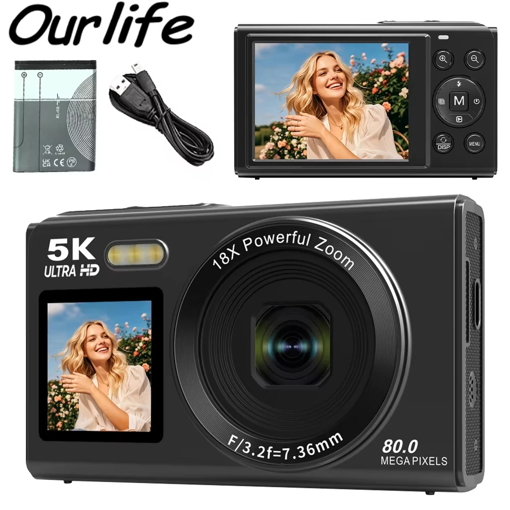 Ourlife Retro Digitalkamera 5K 80MP 18X Digitalzoom Dual-Bildschirm Kompaktkamera WIFI Vintage Vlog Videorekorder