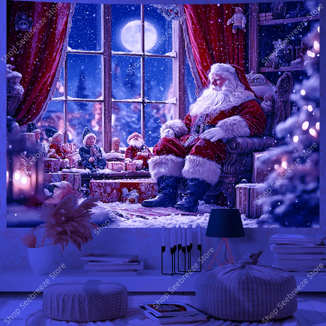 سانتا كلوز يجلس نافذة ثلجية مع شجرة عيد الميلاد والهدايا نسيج الأشعة فوق البنفسجية لغرفة المعيشة وغرفة النوم والعطلات وديكور الحائط والمكتب #6