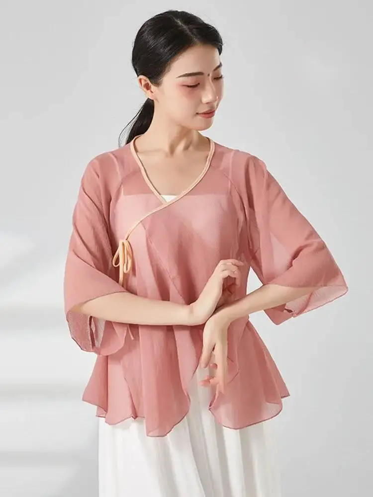 สีทึบ V คอตาข่ายสําหรับผู้หญิงกลางแขน SLIM FIT เสื้อเต้นรํา Modern Performance สวมใส่ร่วมสมัยซ้อมเครื่องแต่งกาย